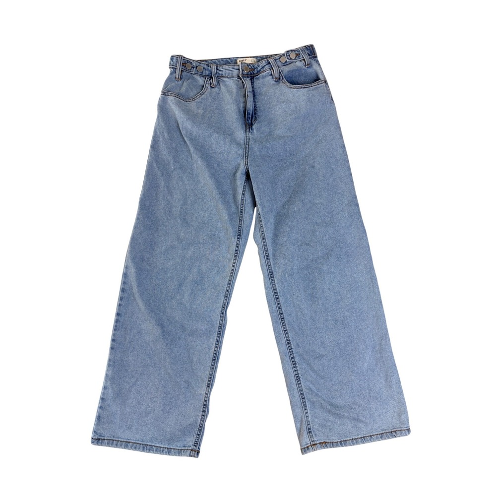 OAT New York Cloud Luxe Denim Cinch Waist Wide Leg Jeans Light Wash Blue 6/28